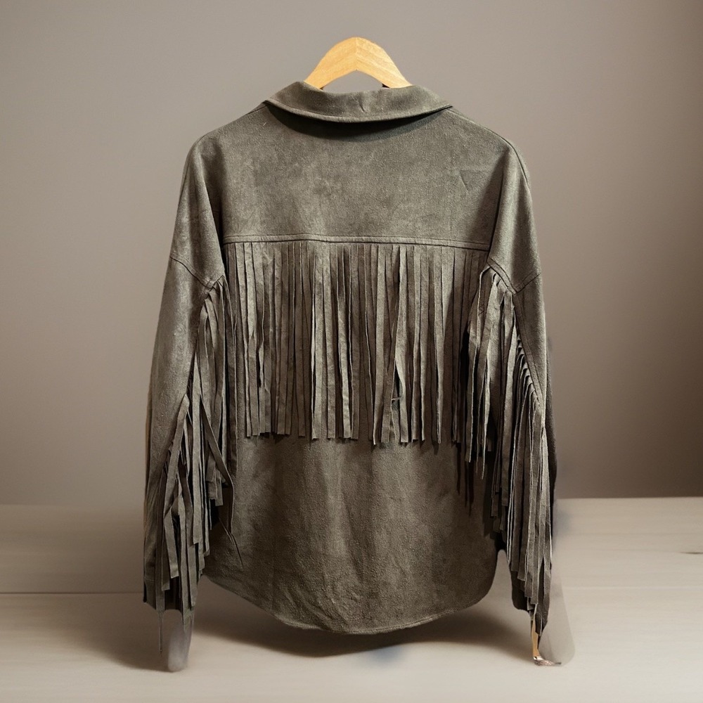 Blue B Collection Lightweight Faux Suede Fringe Shacket Olive Medium Boho Wester